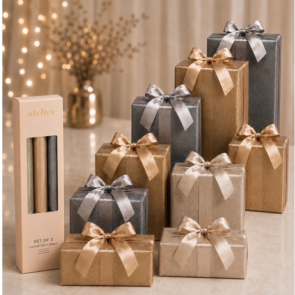 Atelier Luxury Gift Wrap Set of 3 Metallic Textured Paper Rolls 75 SqFt 109-02
